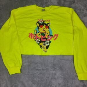 Doja Cat Cropped Graphic Pullover Sweatshirt Highlighter Yellow Women Sz M NWOT